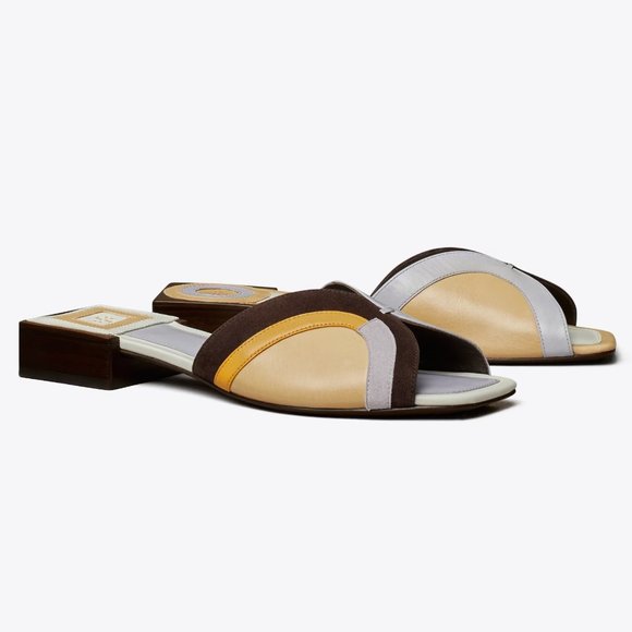 Tory Burch $348 Marquetry Slide Sandals Tan Peachy Lavender MANY SIZES - Picture 3 of 9